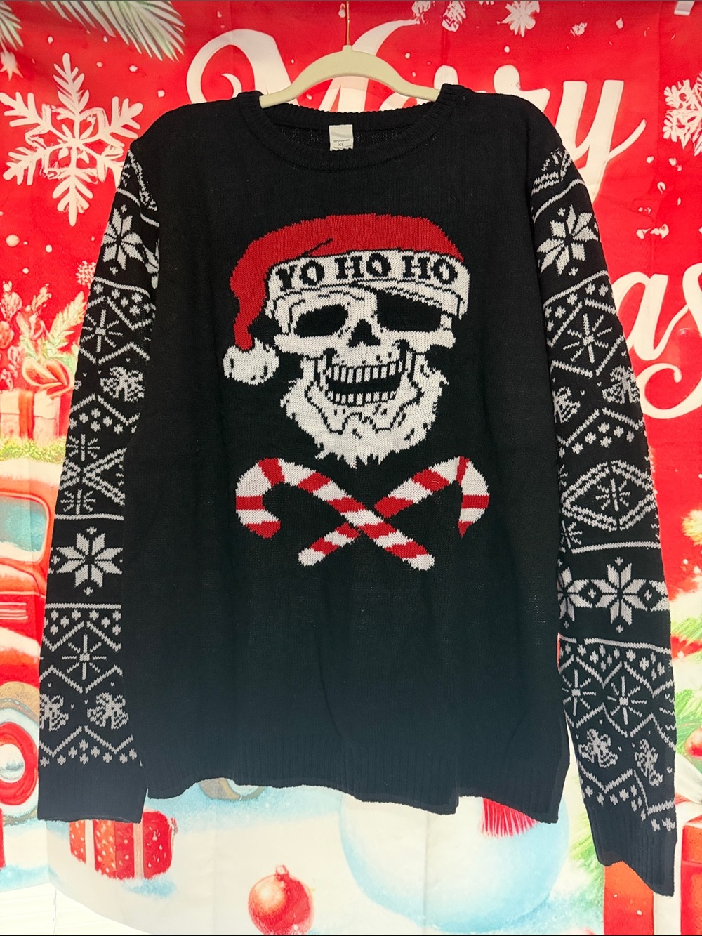 Black Holiday Skull Knit Sweater with Candy Cane Motif